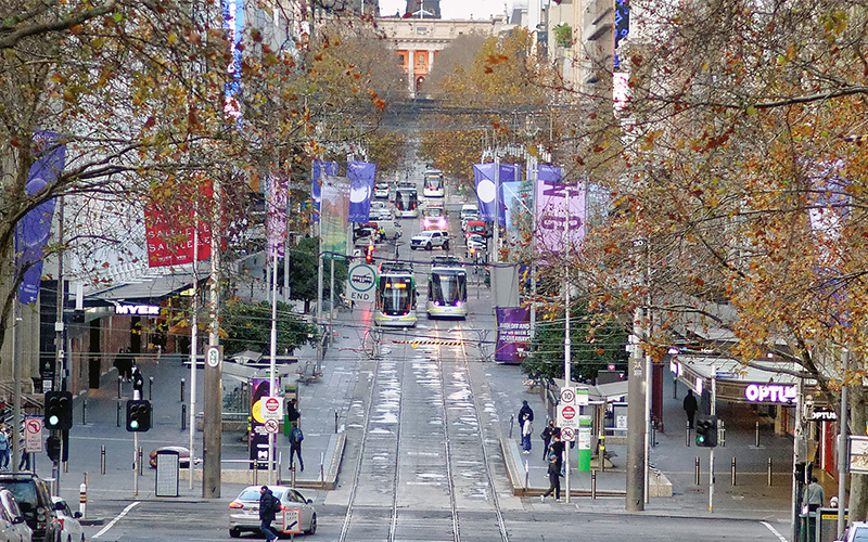An empty Bourke Street Mall in Melbourne on a Friday afternoon during peak hour on day 8 of Victoria's fourth Coronavirus Lockdown in June 2021. Credit: Michael J Fromholtz