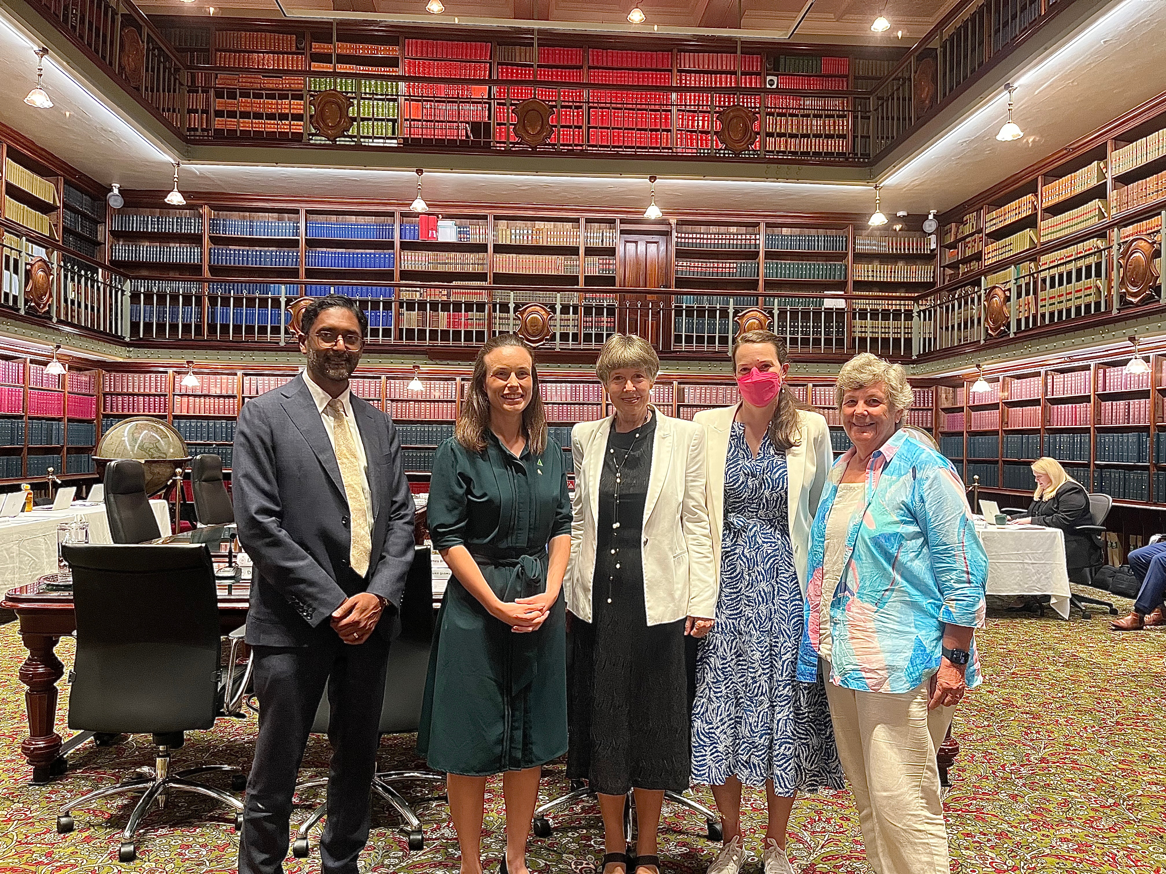 Associate Professor Suman Majumdar, Suman, Dr Amanda Cohen MLC, Professor Lidia Morawska, Plum Stone and Wendy Miller at NSW Parliament.