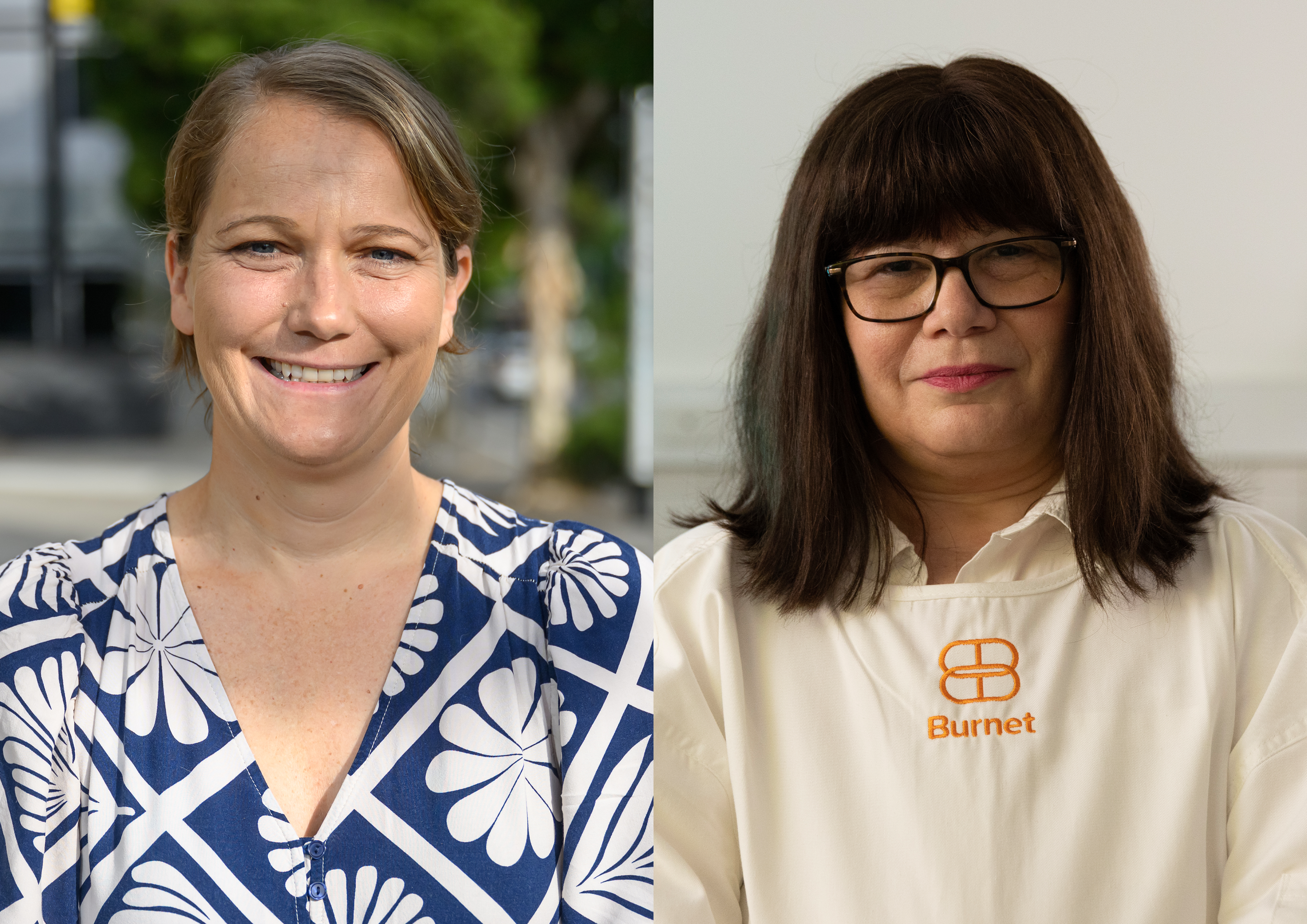 Lindi Masson (left), wearing a blue and white floral top, Gilda Tachedjian (right) wearing glasses and a Burnet-branded lab coat.