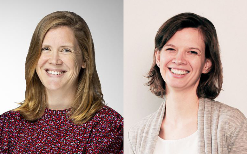 Headshots of two women in a split view. On the left is a woman with blonde shoulder length hair wearing a red blouse and on the right, a woman with short brunette hair wearing a grey cardigan. They are both smiling.