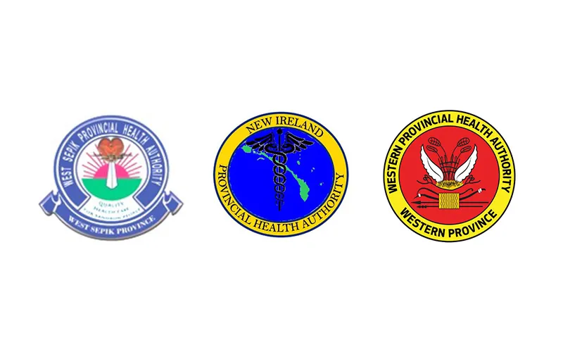 Logos of West Sepik Provincial Health Authority, New Ireland Provincial Health Authority, Western Provincial Health Authority.