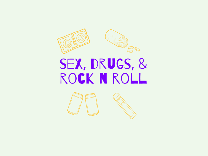 Sex, drugs and rock and roll. Illustrations of condoms, drink cans, pills and a vape.