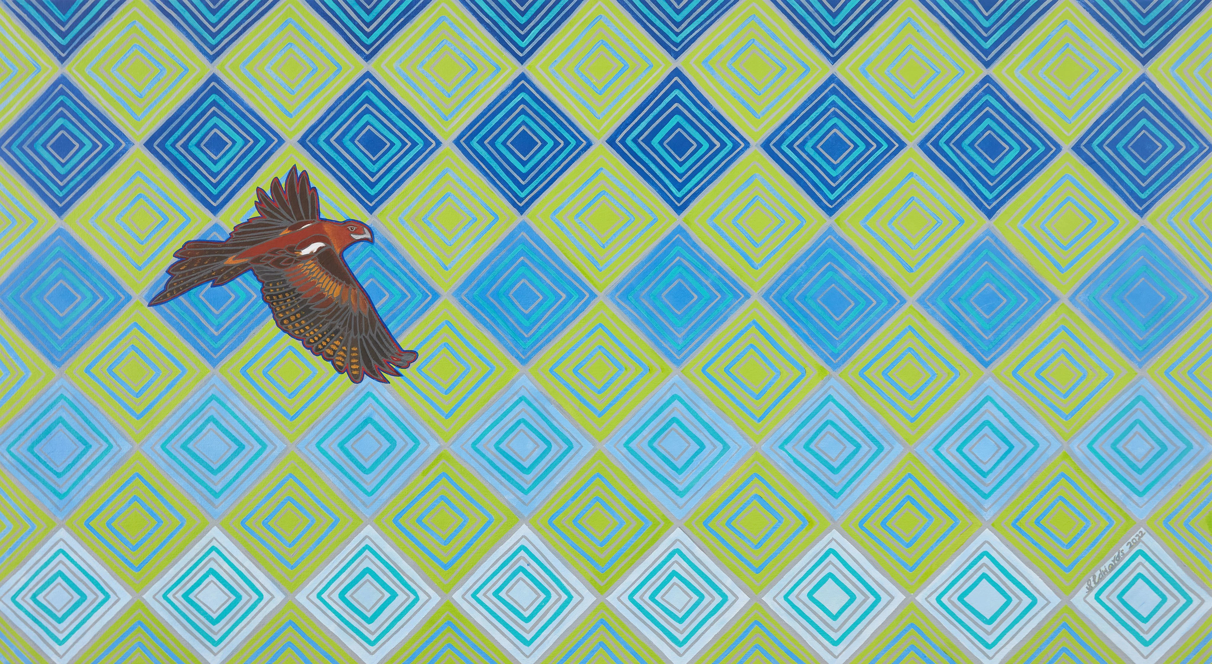 Illustration of Bunjil the eagle soaring in front of a geometric pattern