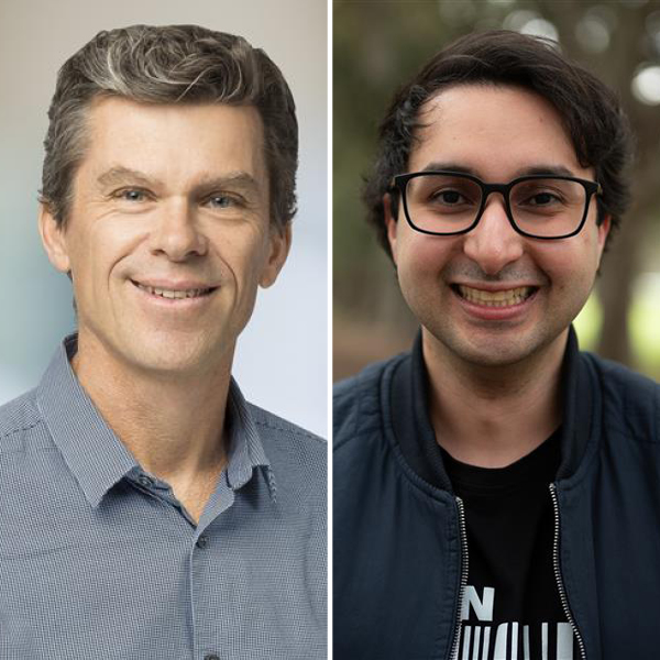 Professor James Beeson wearing a grey shirt, left, and Dr Adam Thomas, right, wearing glasses and a navy jacket. Both are smiling.