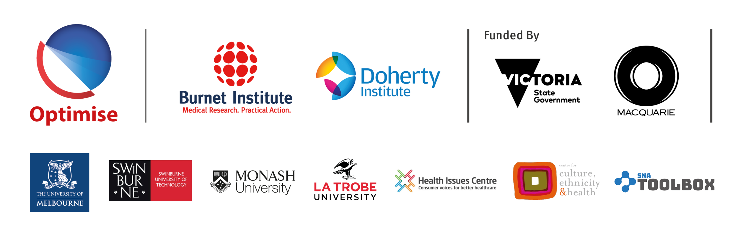 Optimise partner and funding organisations including Doherty Institute, University of Melbourne, Swinburne University, Monash University, Latrobe University, Health Issues Centre, Centre for Culture, Ethnicity and Health, SNA toolbox. Funded by Victoria State Government and Macquarie.