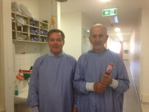 Peter Cleary with his father, John, during a visit to Burnet Institute.