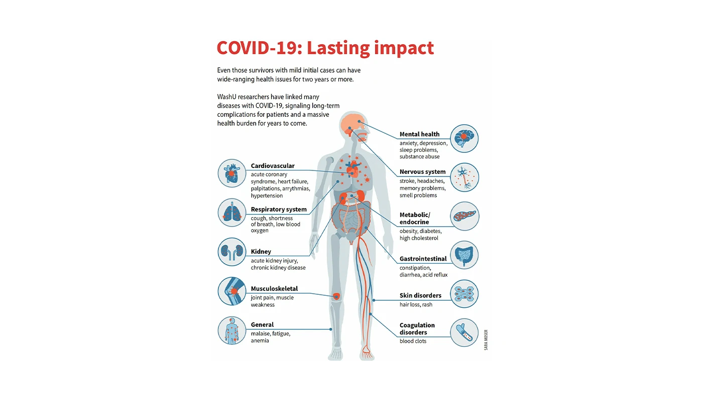 Diagram of COVID-19 lasting impacts, including mental health, nervous system, cardiovascular system and respiratory system.