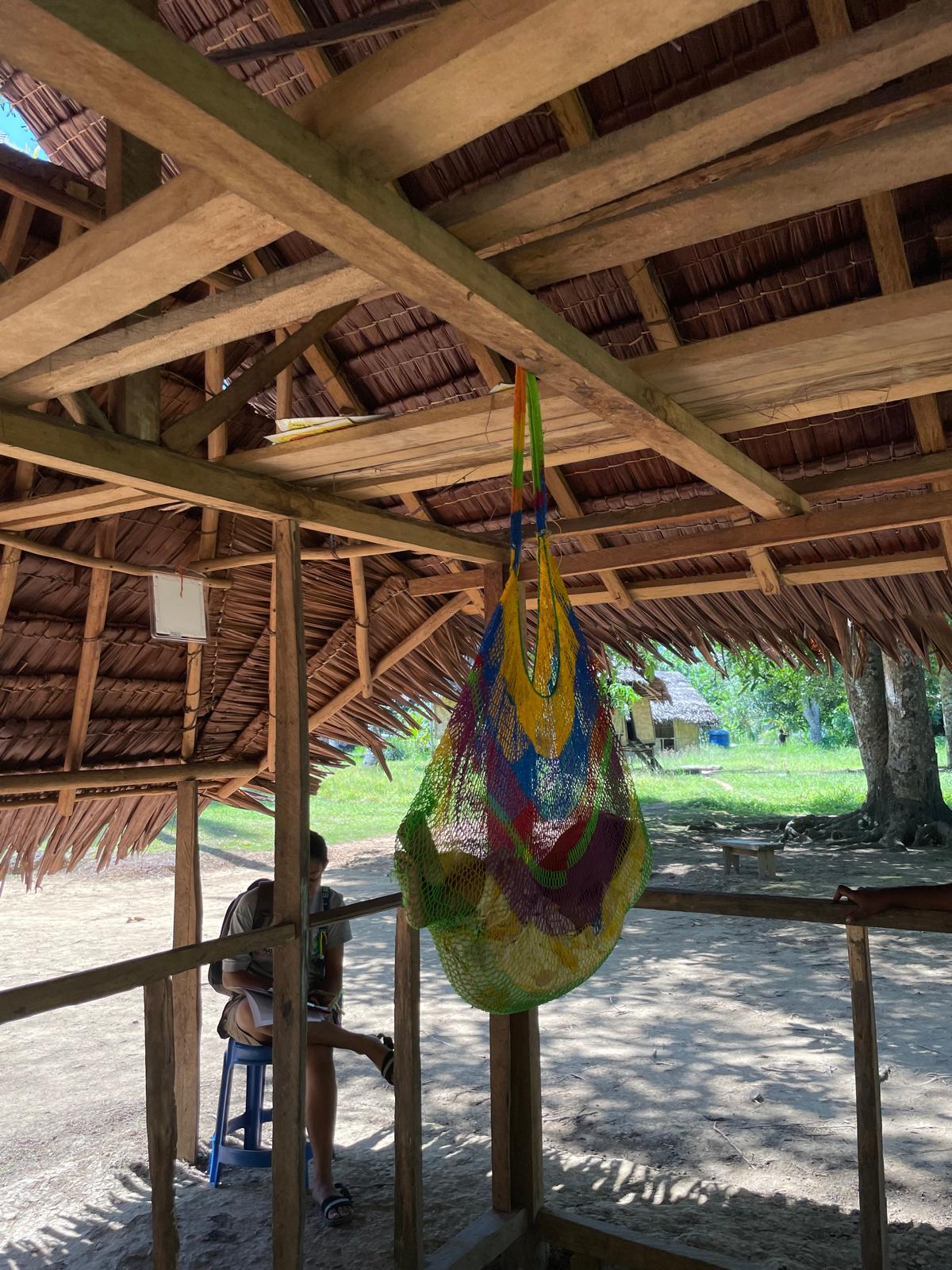 A baby hanging in a hammock in a wooden open air building, with a spatial emanator visible nearby.