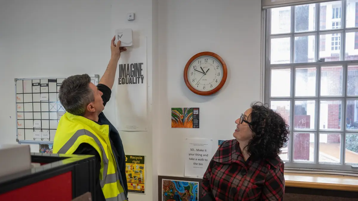 Michael Turnbull, Control Direction demonstrates the sensor system alongside Cr Kristine Olaris OAM, Mayor of Darebin.