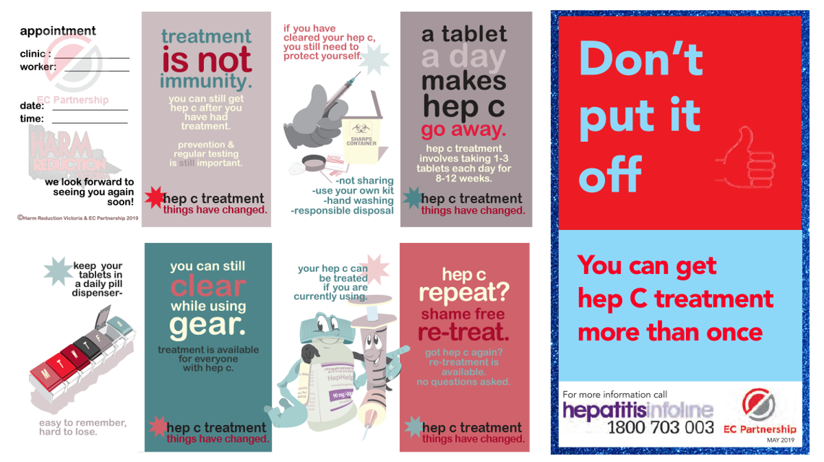 Posters about hepatitis C treatment. Developed as part of the partnership.