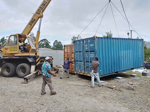 Image: A container provided by the Fleming Fund Country Grant to support Mt Hagen Provincial Hospital and its microbiology lab with the storage of consumables and goods.